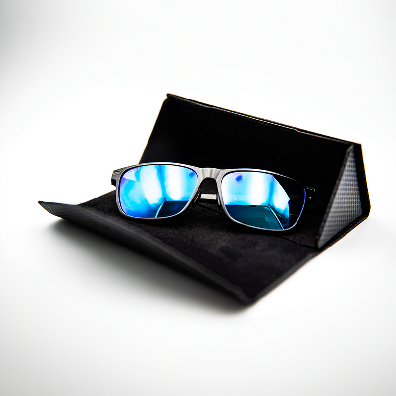 A pair of polarised pilots glasses, they are black with blue lenses. 