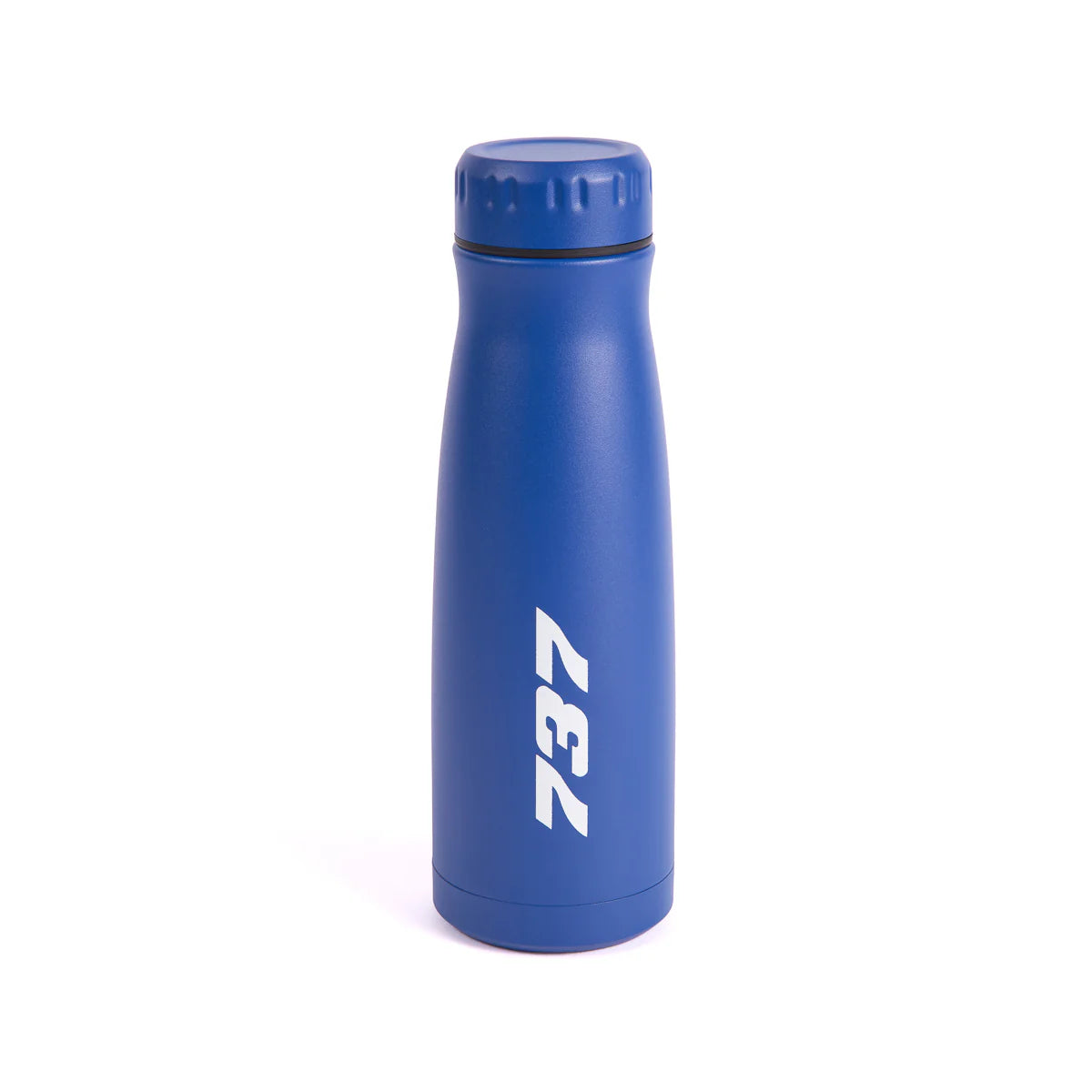 Blue water bottle with 737 printed on front.