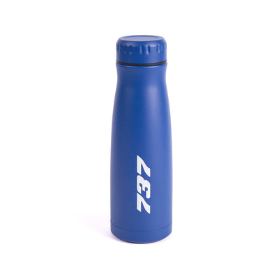 Blue water bottle with 737 printed on front.