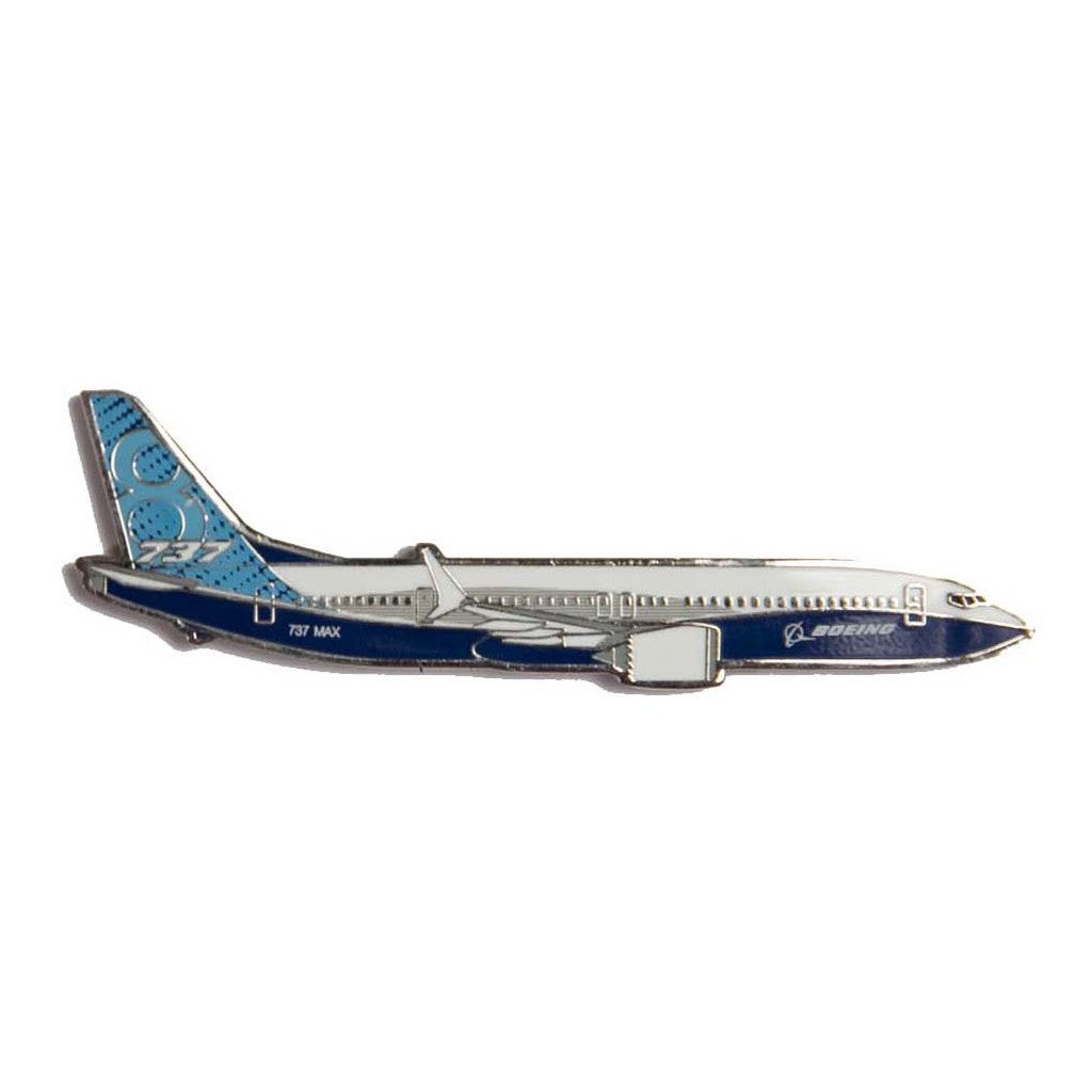 A small metal magnet in the shape of the 737 max aircraft.