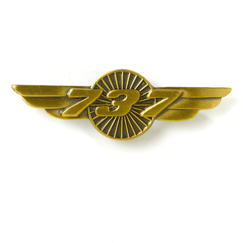 A shirt pin in the shape of a wing. It say's 737 on the front.