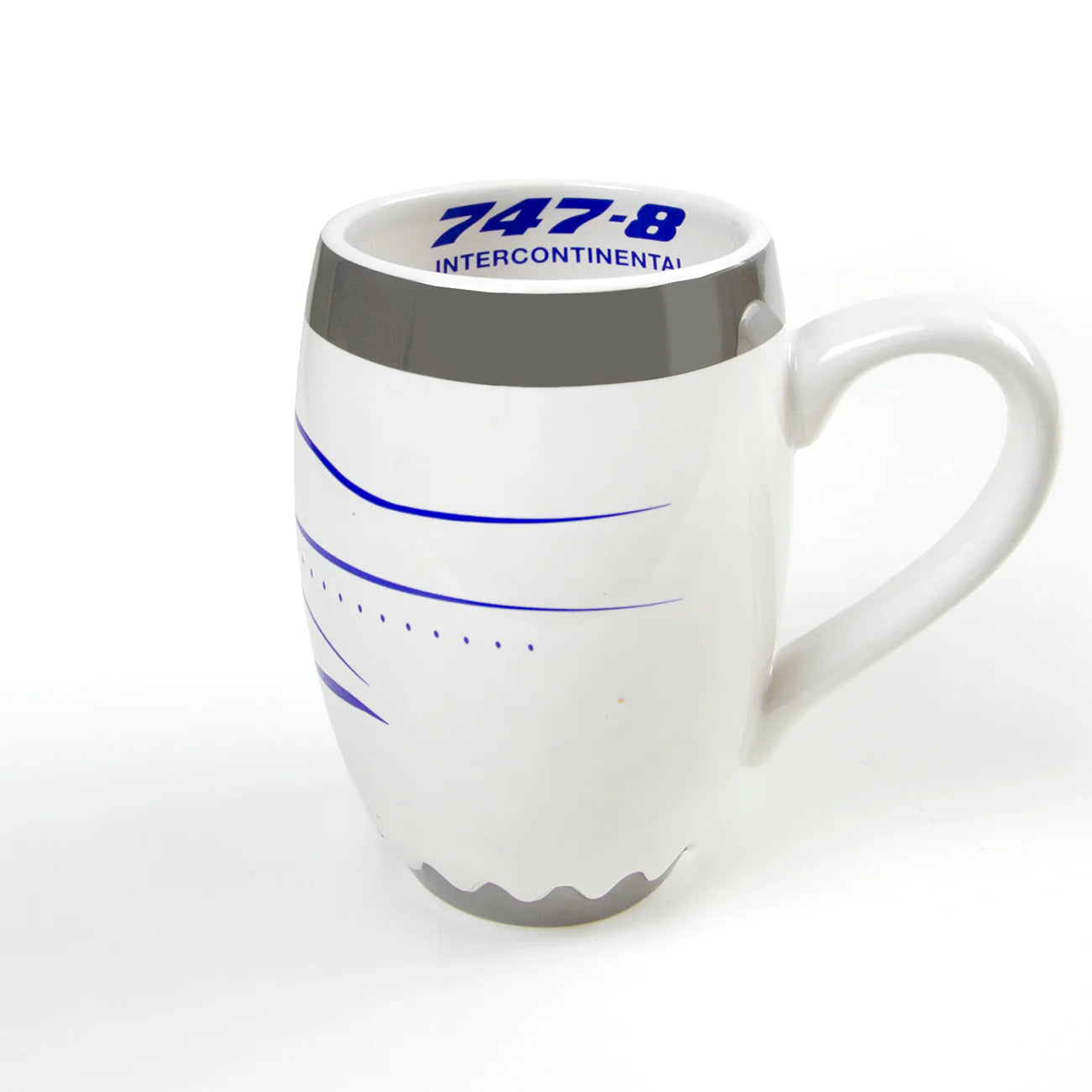 A white mug in the shape of an engine with the words 747-8 on it.