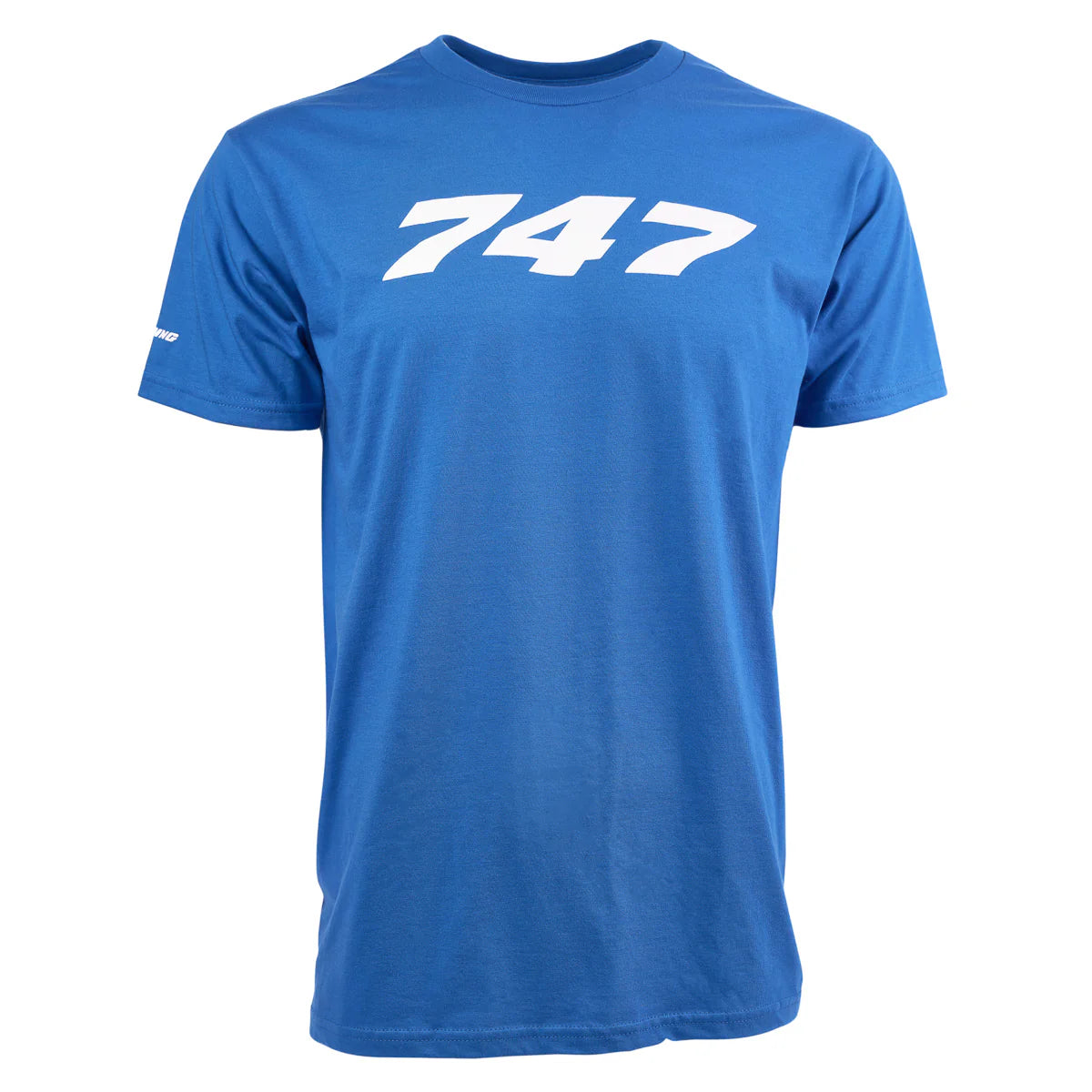 A blue t-shirt with the 747 printed on the front, and a boeing logo printed on right sleeve.