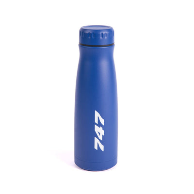 A blue water bottle with 747 printed on the front.