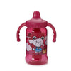 A pink sippy bottle for toddlers and kids with a boeing logo and cartoon teddy bear printed on the front.