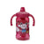 A pink sippy bottle for toddlers and kids with a boeing logo and cartoon teddy bear printed on the front.