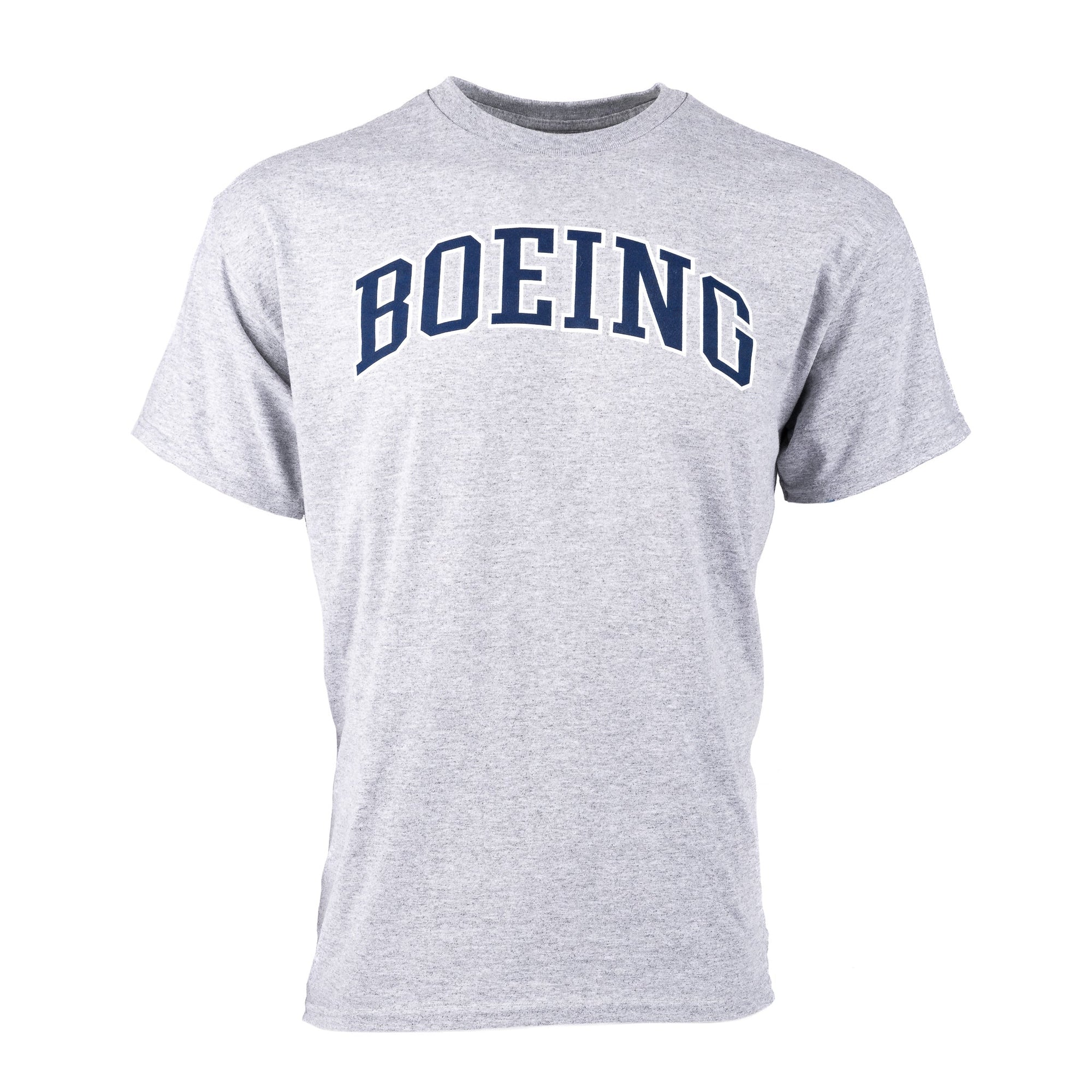 A grey t-shirt with the word "Boeing" written across it in blue.