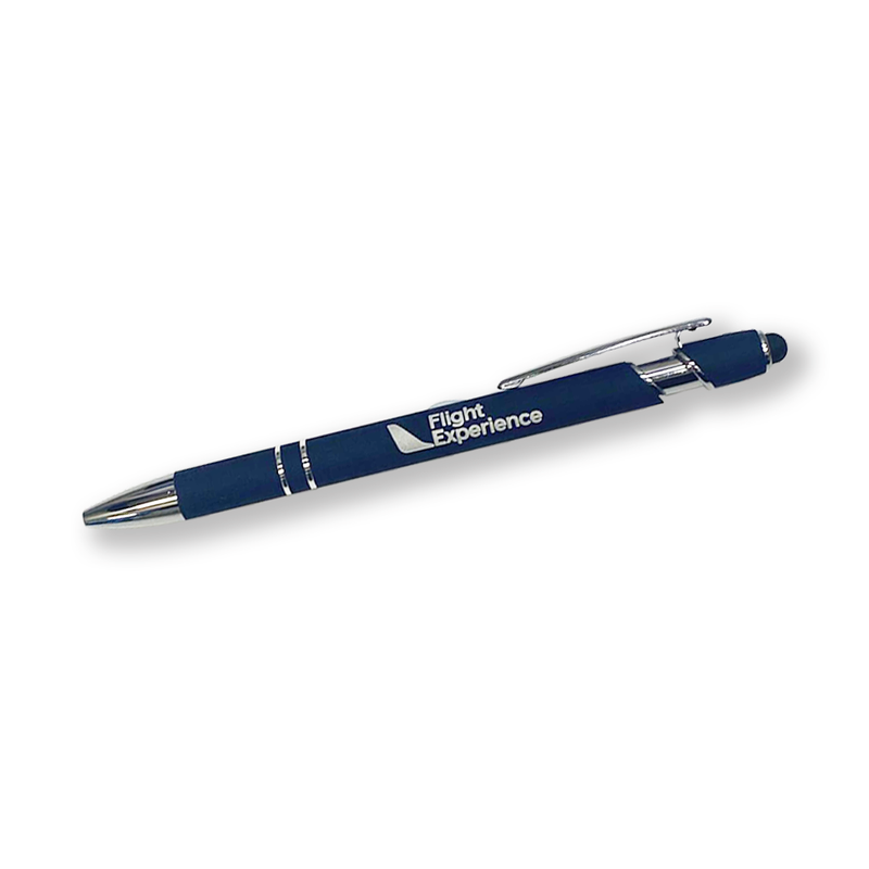 A blue Flight Experience pen with silver accents and a styus on the end.