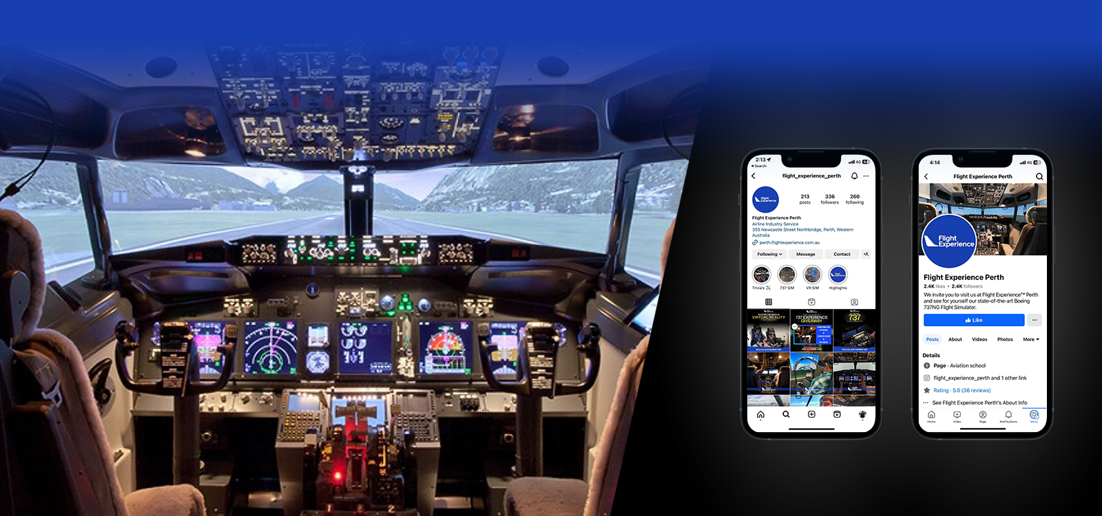 An image split in half, one side shows the cockpit of a Boeing 737 simulator, the other side displays the social media channels for Flight Experience Perth.