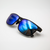 A pair of polarised pilots glasses, they are black with blue lenses. 