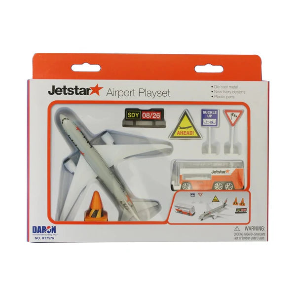 A kids Jetstar playset toy, it includes a toy aeroplane, shuttle bus, traffic cones, and airport signage.