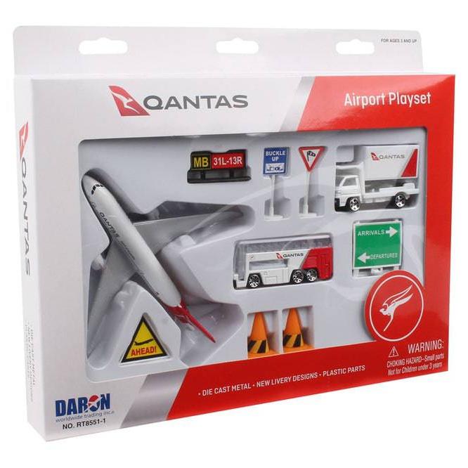 A kids playset toy from Qantas, it includes a plane, signage, traffic cones, and shuttle busses.