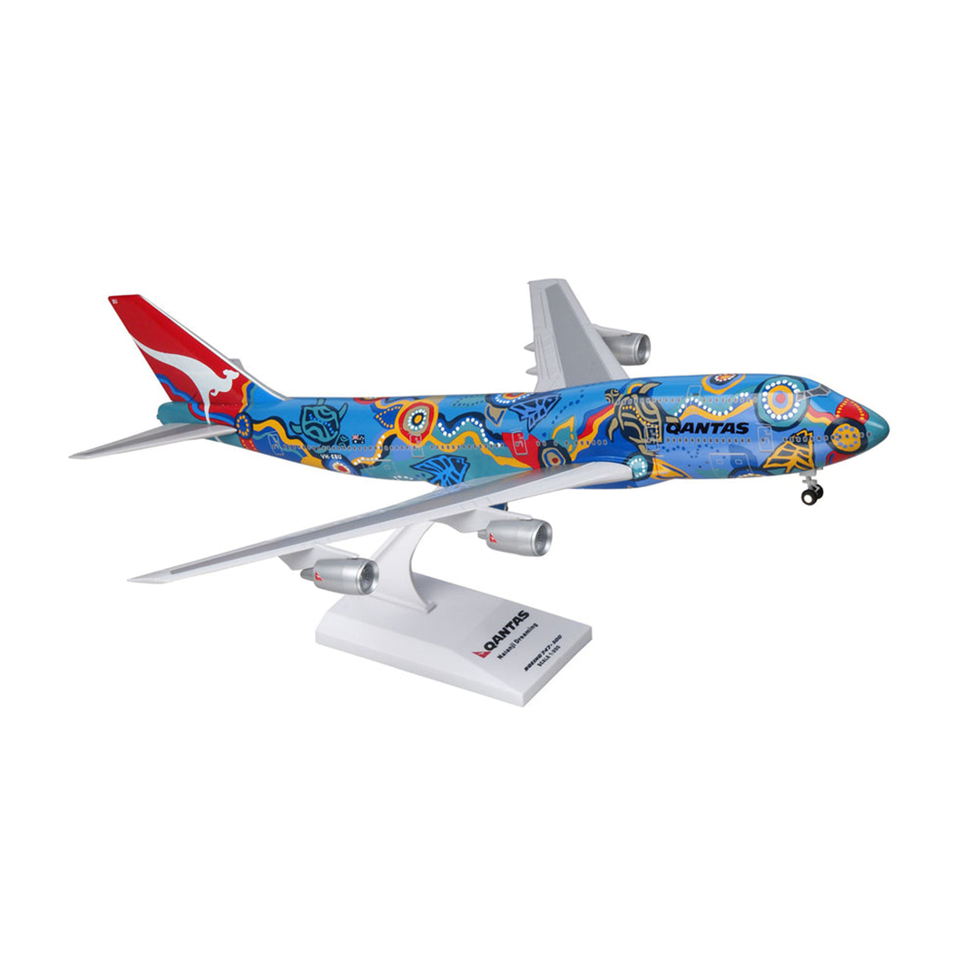 A model aircraft of the Qantas B747-400 with a Nalanji Dreaming colour scheme. The scale is 1:200.